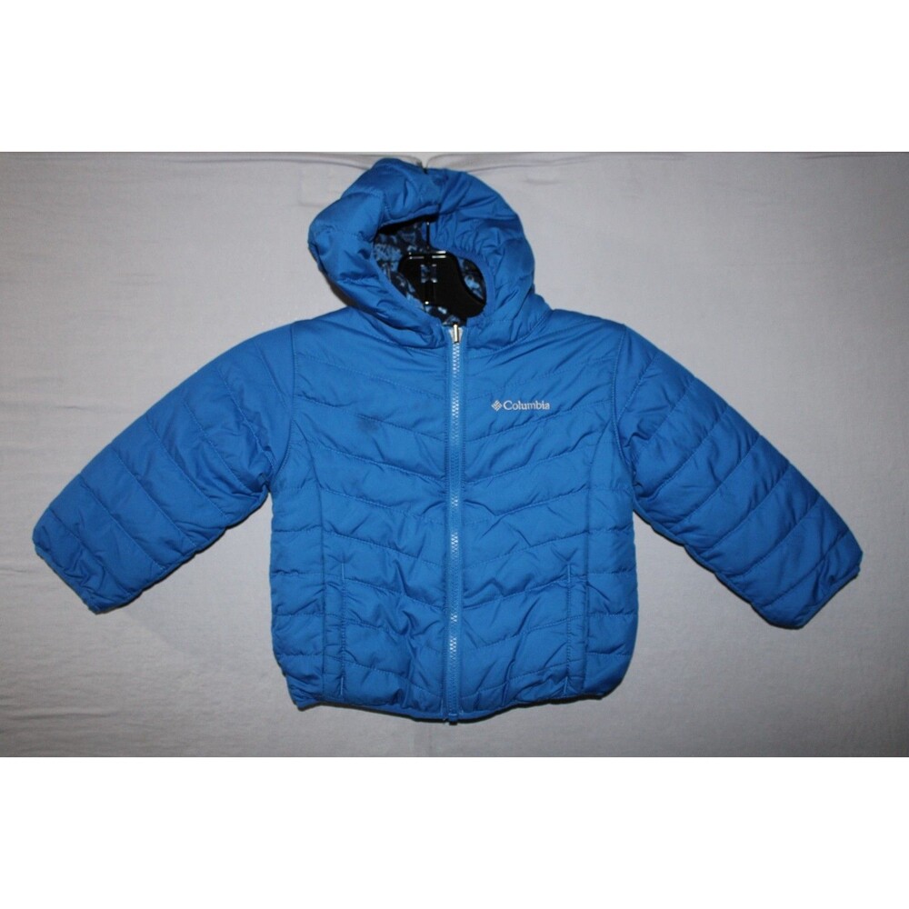 Columbia Kids Reversible 3T Puffer Jacket Hooded Blue Buffalo Print